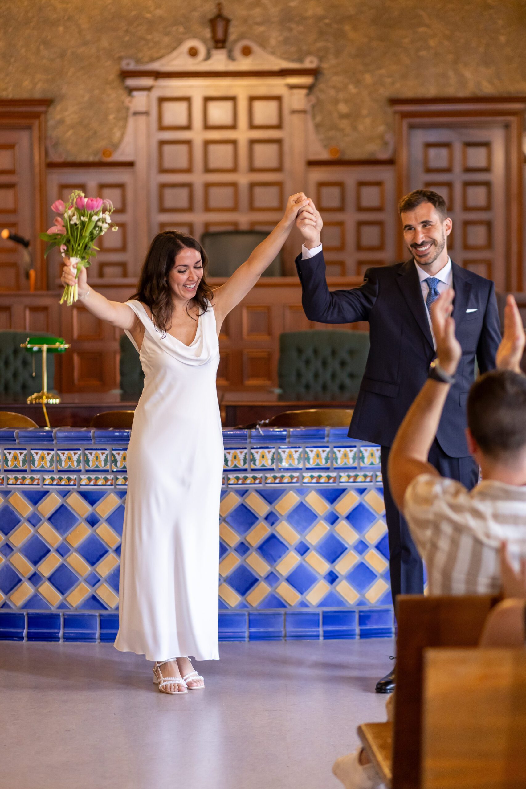 Couple celebrating their sarasota courthouse elopement in the historic courtroom