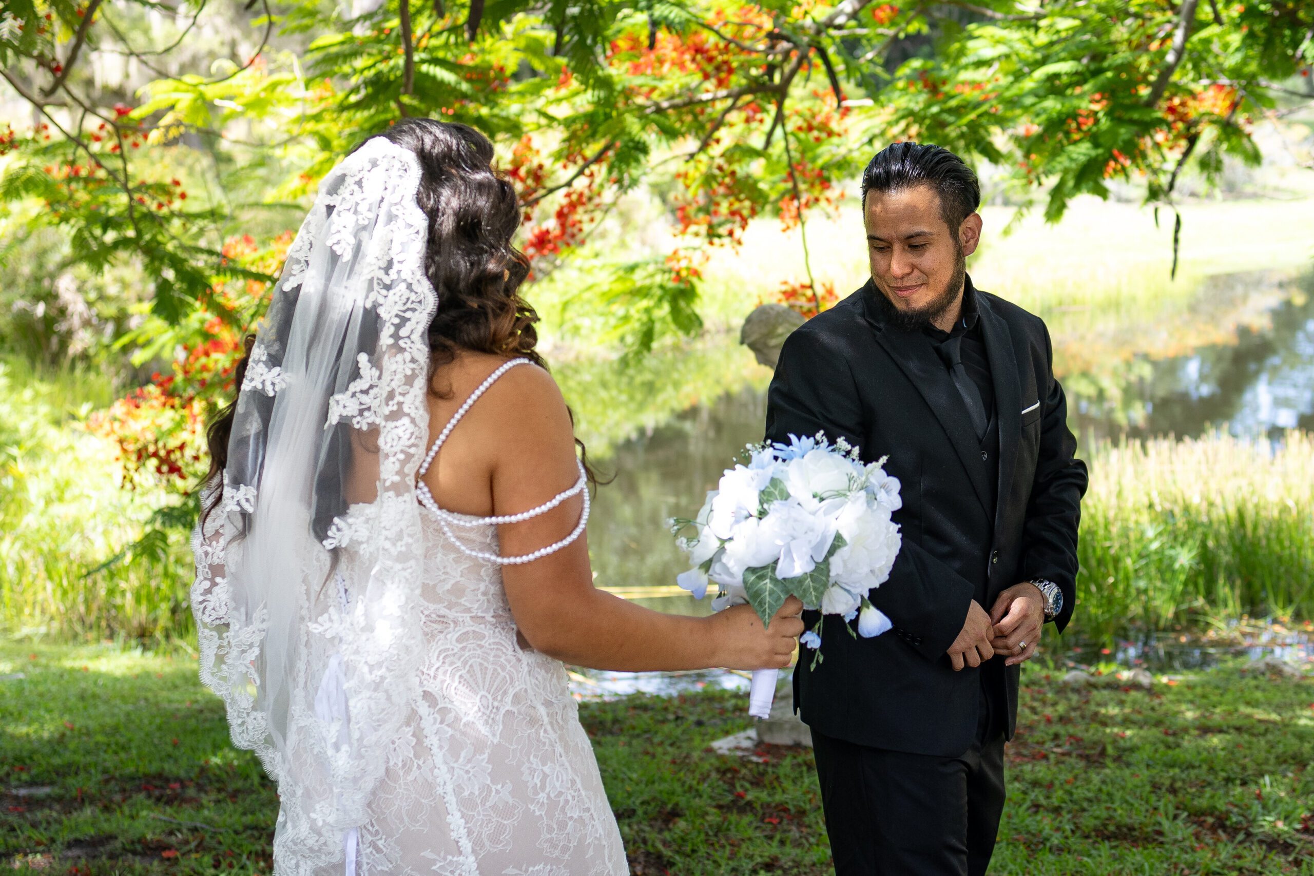 Couple sharing a first look during their Florida elopement at the Ringling Museum.